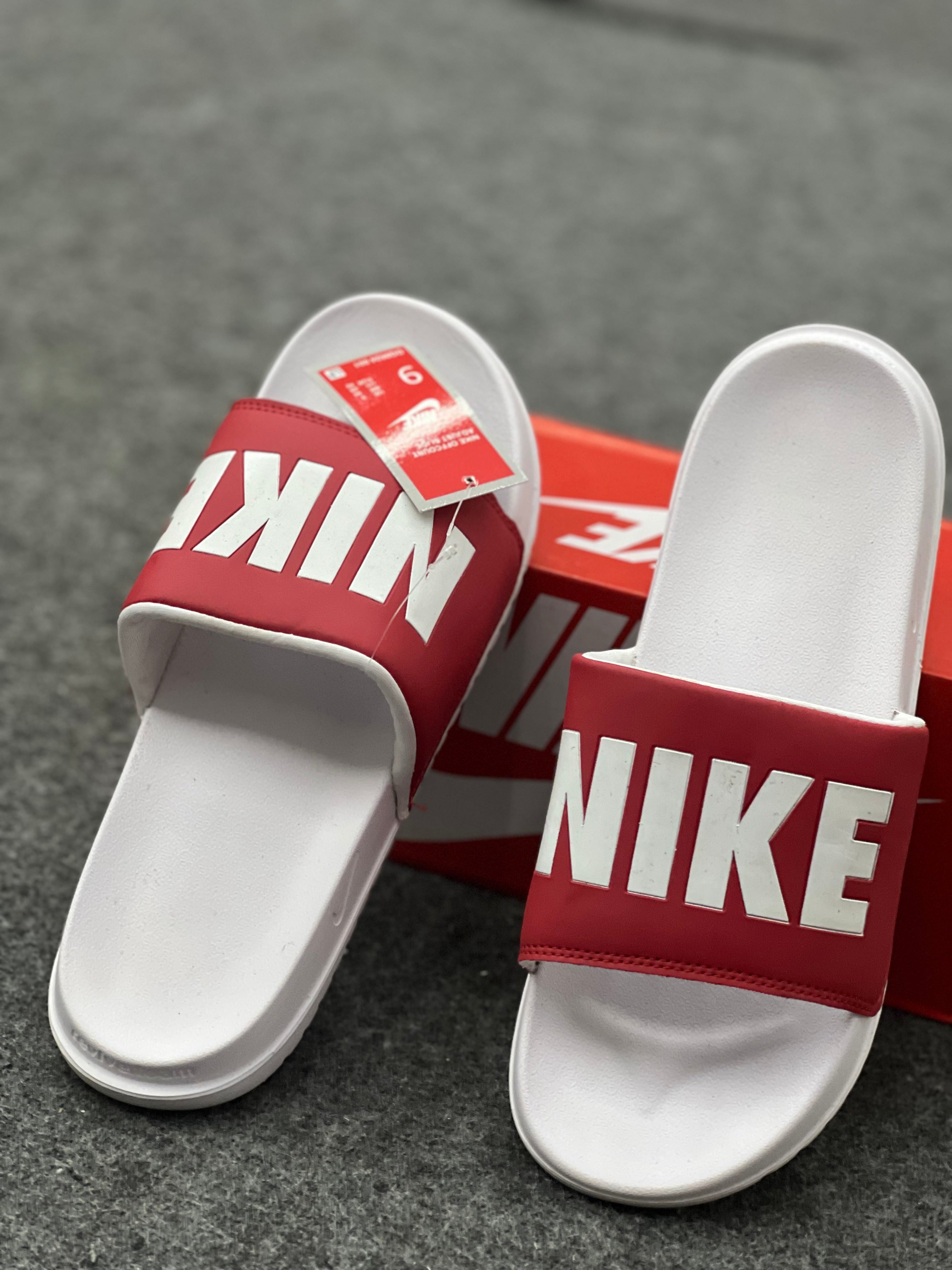 Nike-Inspired Comfort Slides – Red & White