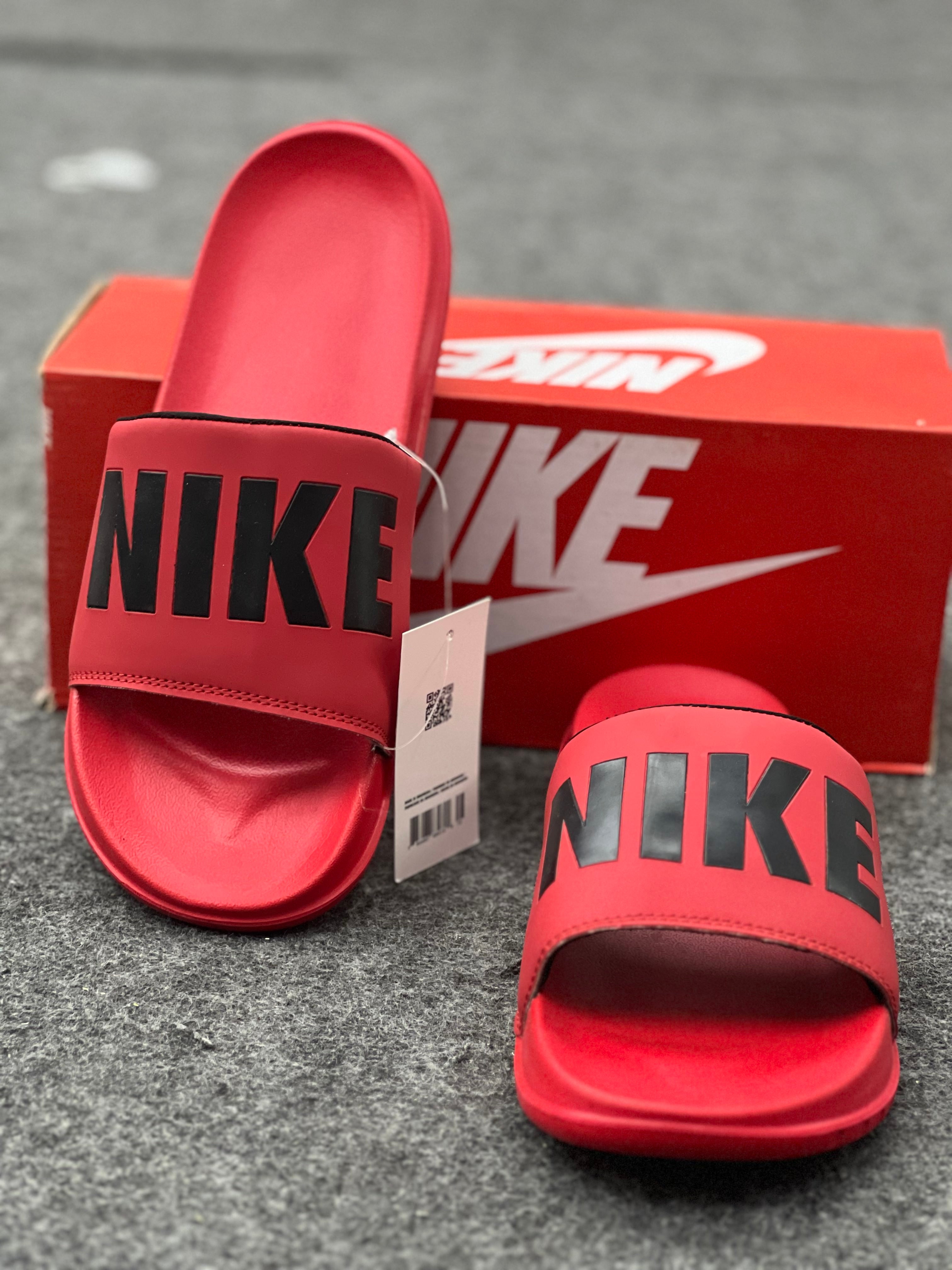 Nike-Inspired Comfort Slides – Red & White