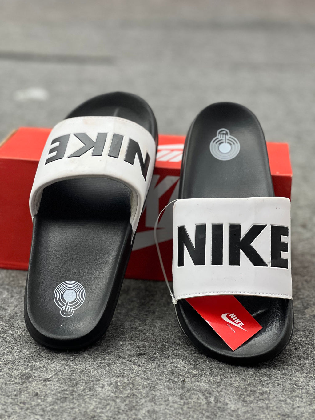 Nike-Inspired Comfort Slides – Red & White