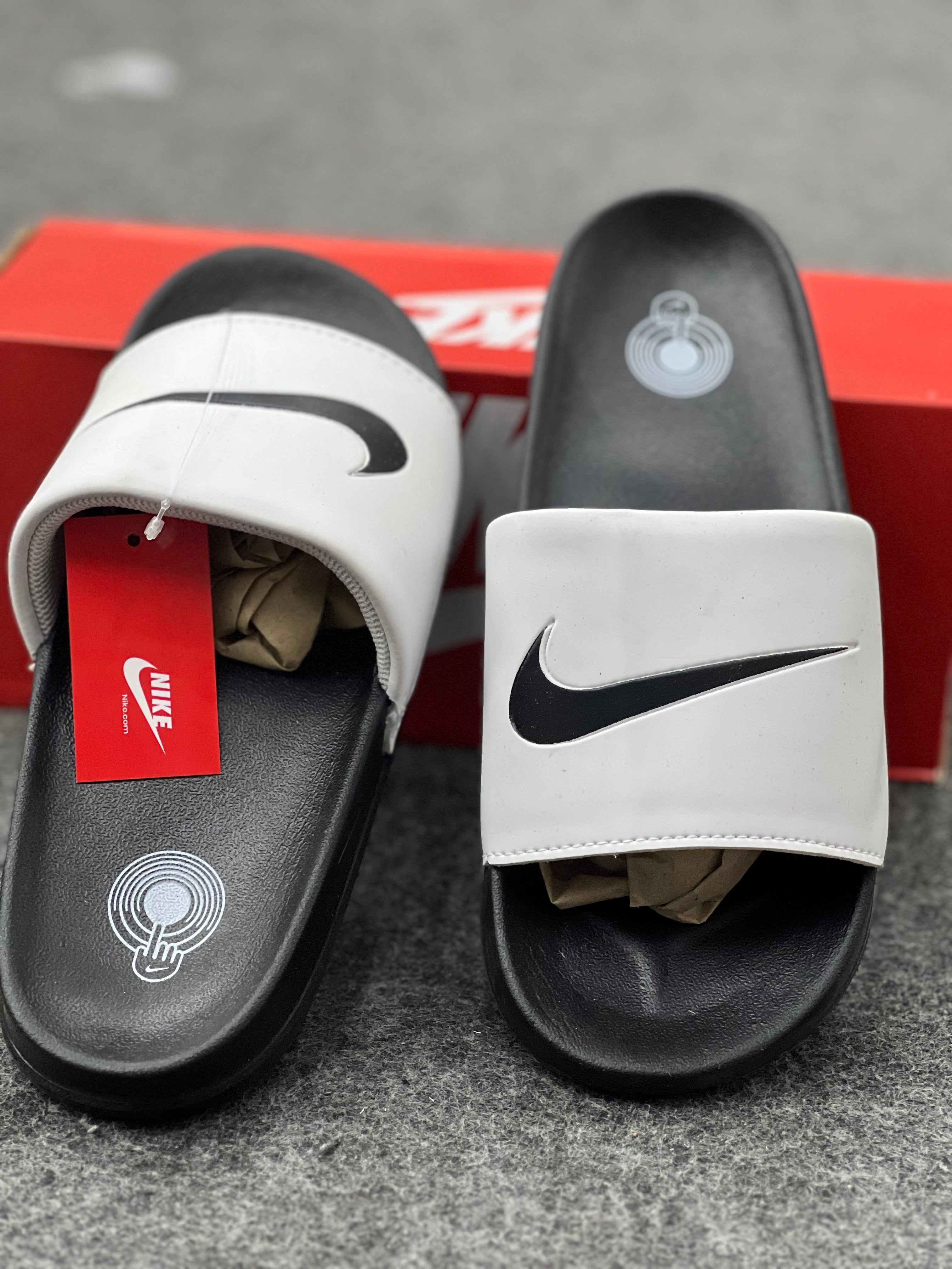Nike-Inspired Comfort Slides – Red & White
