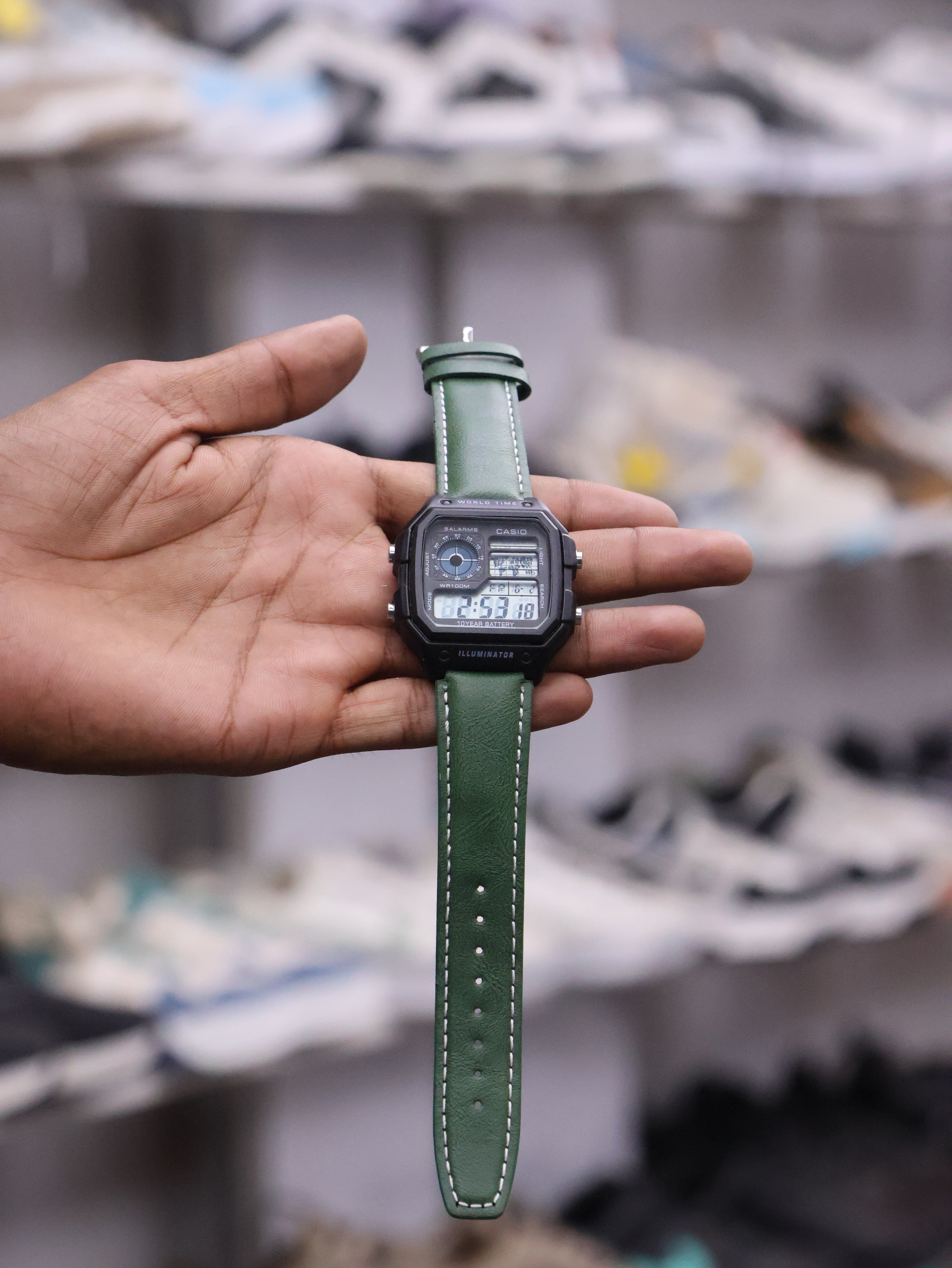 Classic Digital World Time Watch with Olive Green Leather Strap