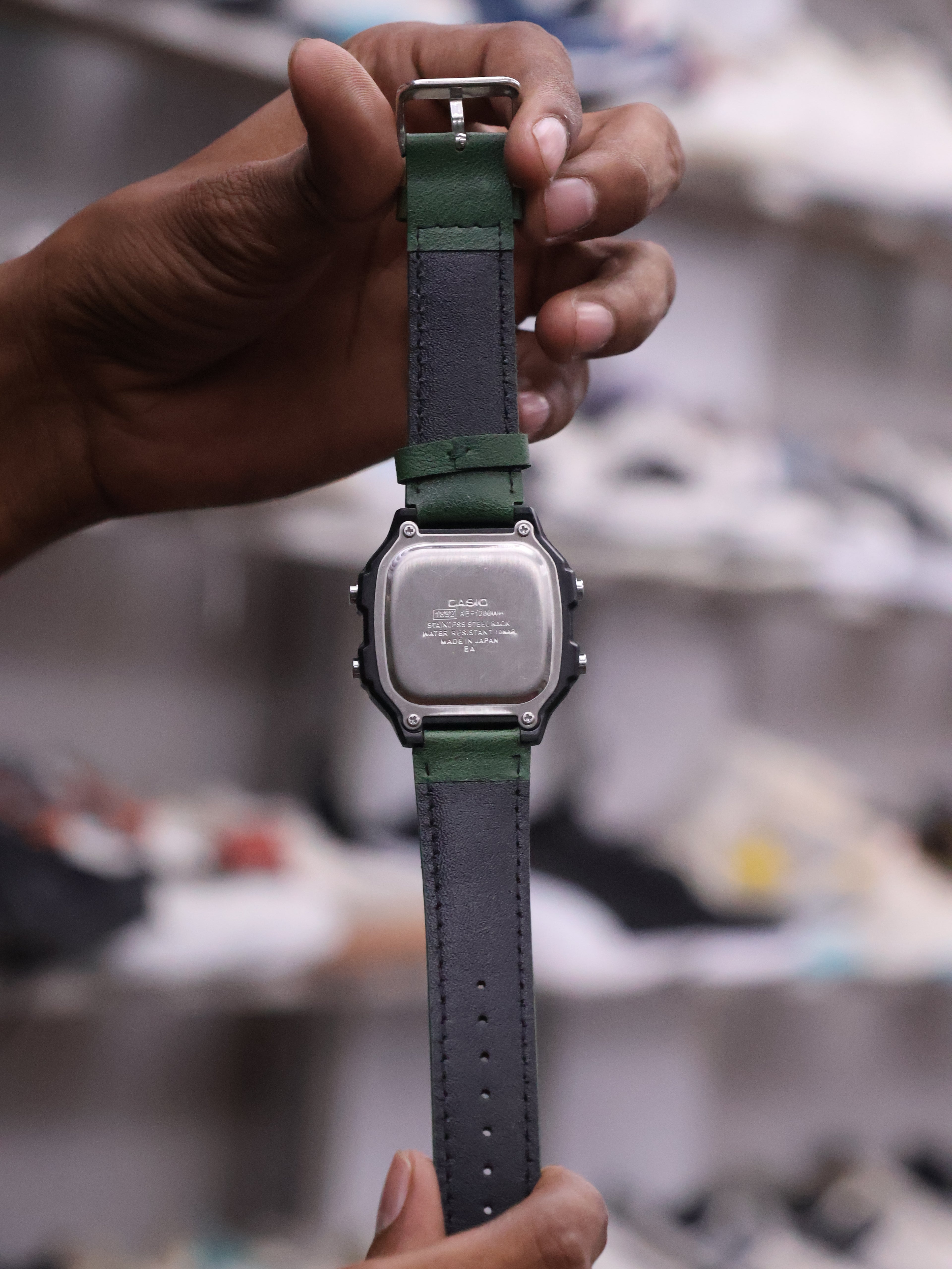 Classic Digital World Time Watch with Olive Green Leather Strap