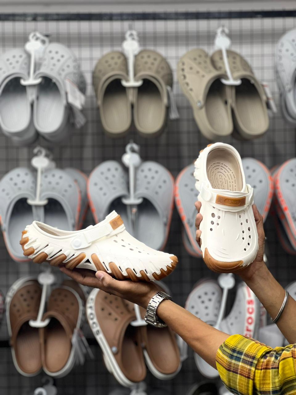 Classic Comfort Crocs Clogs – White & Brown Dual-Tone