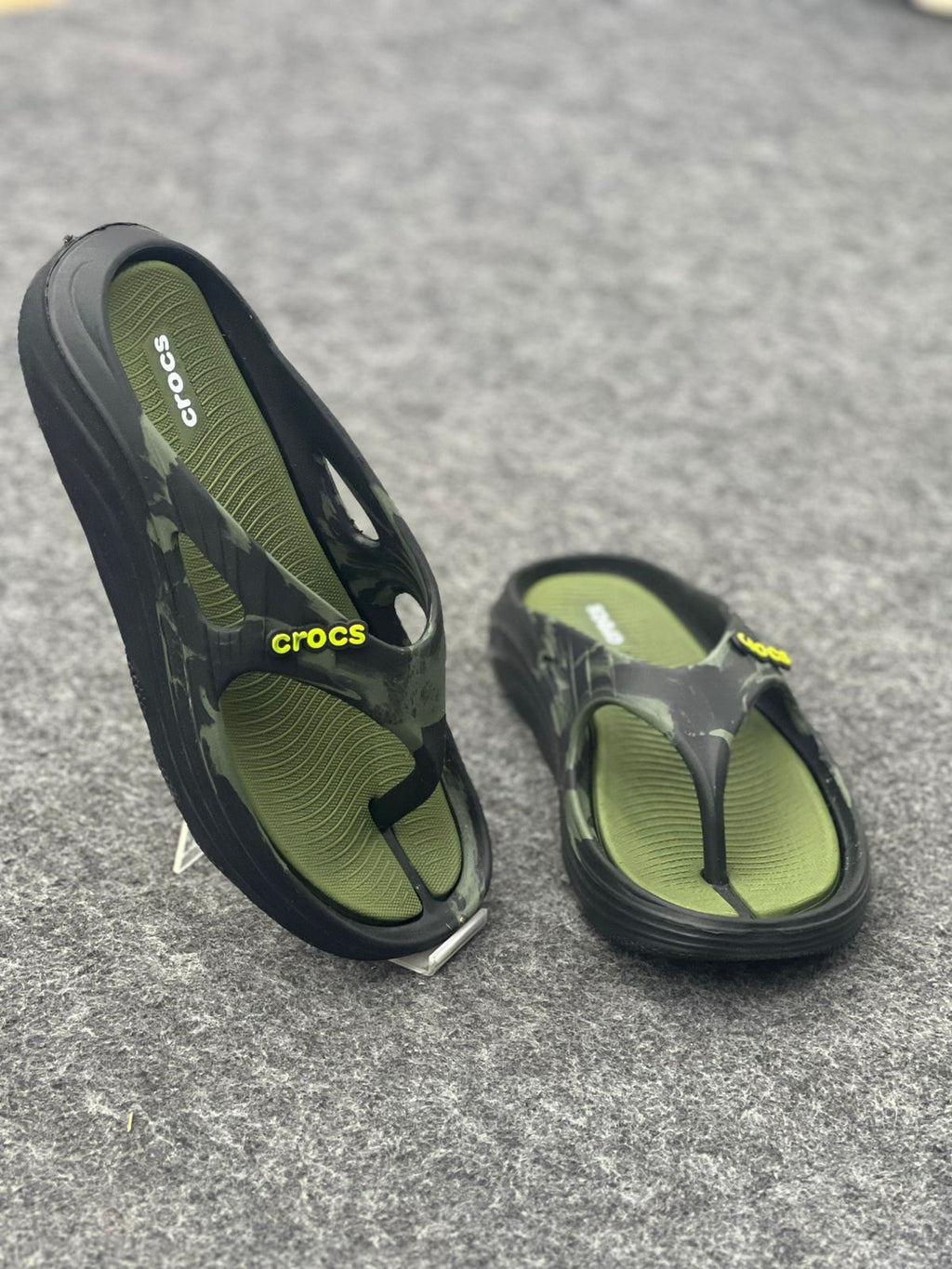 Adventure-Ready Style: Crocs Moss Green Marble Flip-Flops