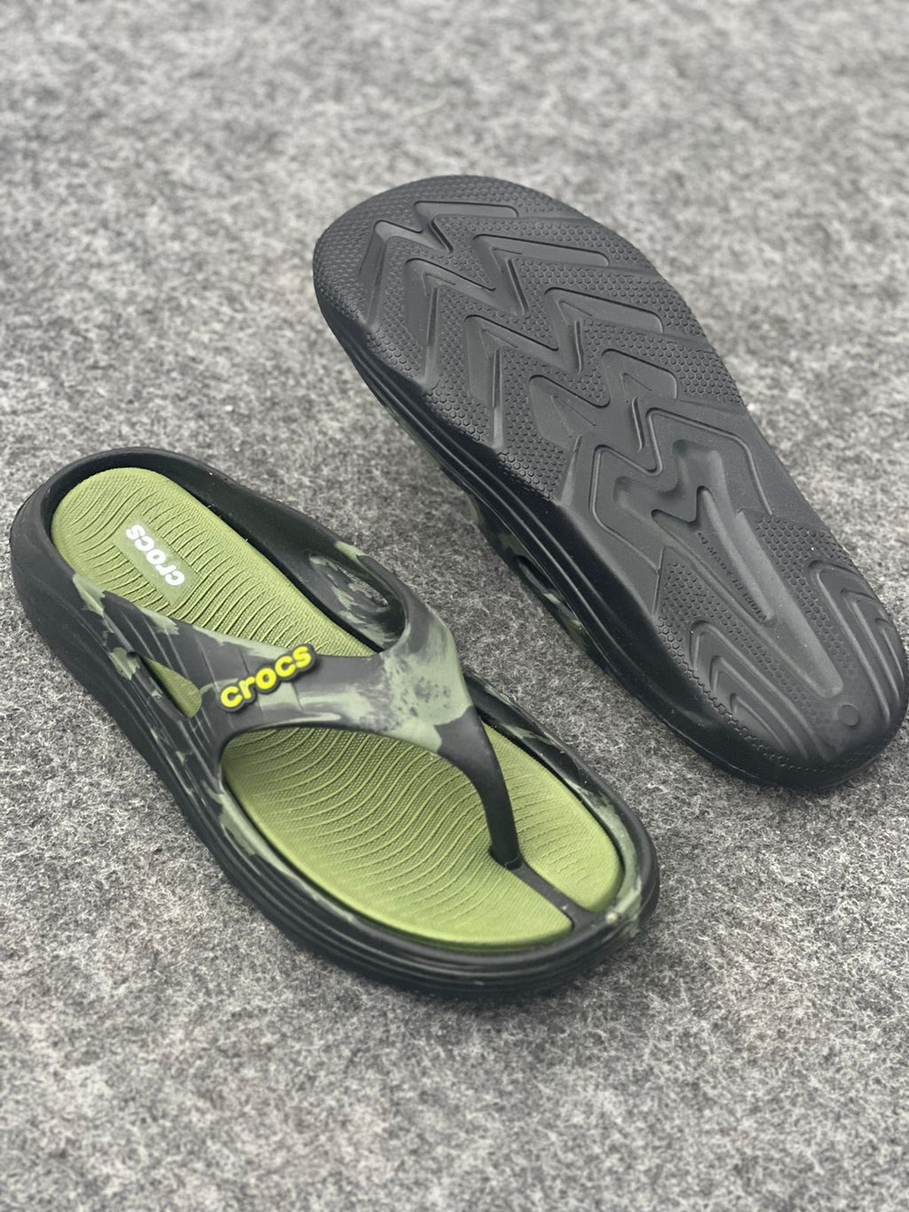 Adventure-Ready Style: Crocs Moss Green Marble Flip-Flops
