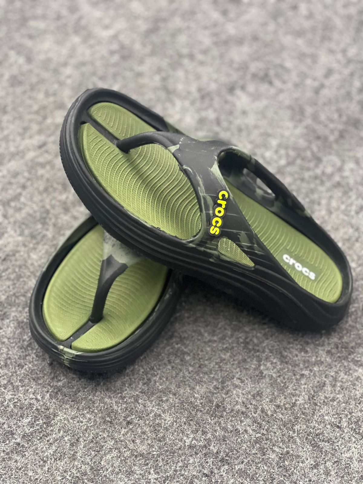 Adventure-Ready Style: Crocs Moss Green Marble Flip-Flops