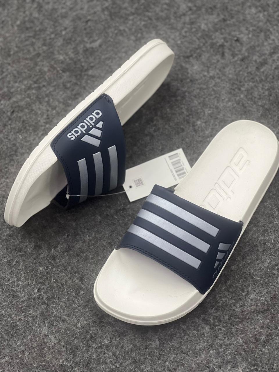 Adidas Navy Blue & White Comfort Slides – Classic 3-Stripe Style
