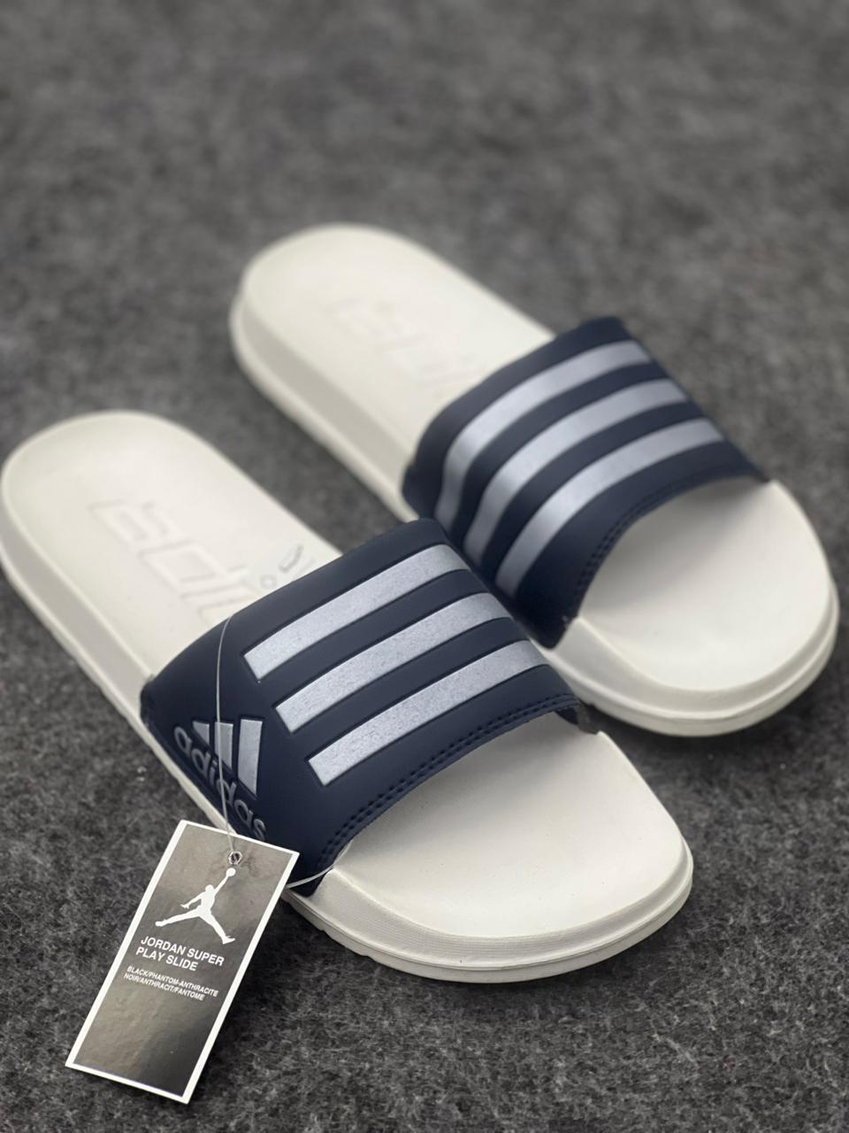 Adidas Navy Blue & White Comfort Slides – Classic 3-Stripe Style