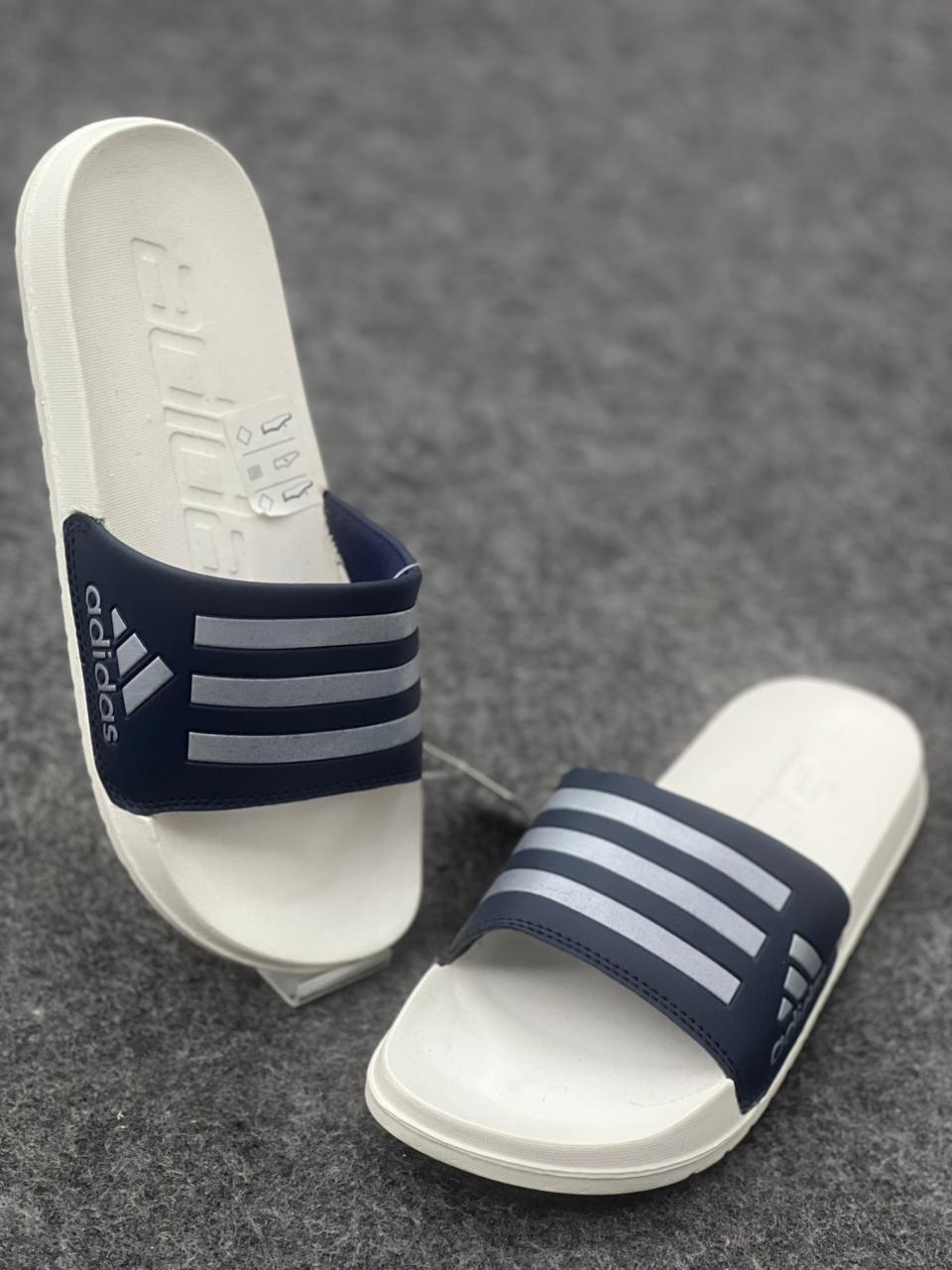 Adidas Navy Blue & White Comfort Slides – Classic 3-Stripe Style