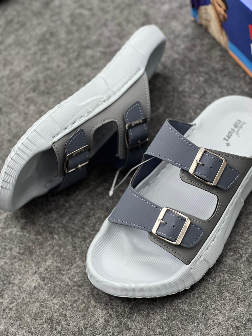 Walkaroo Flip-Flopz+ Men’s Buckle Slide Sandals – Steel Grey & Frost White