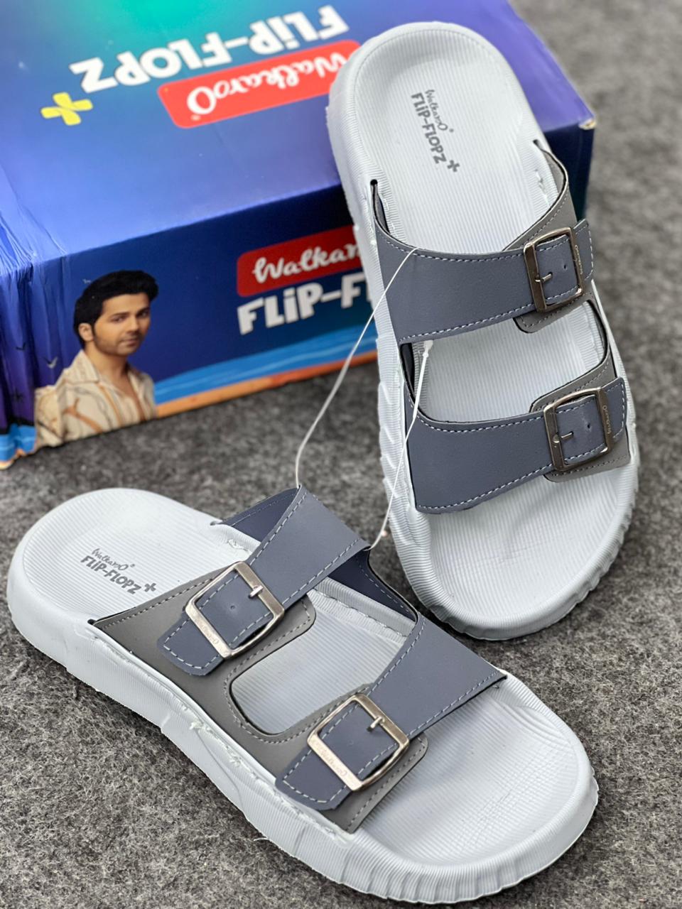 Walkaroo Flip-Flopz+ Men’s Buckle Slide Sandals – Steel Grey & Frost White