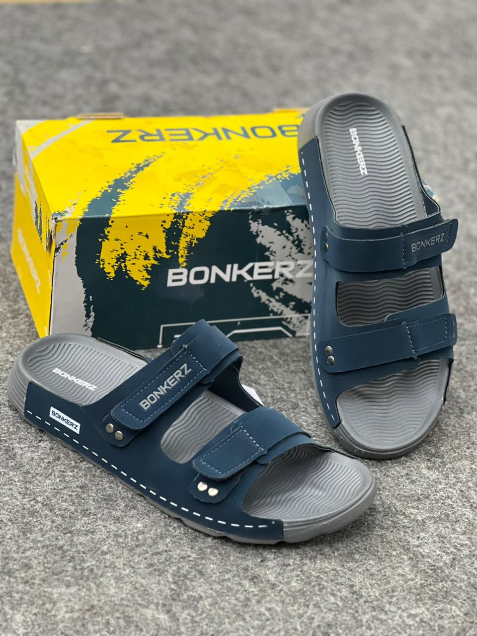 BONKERZ Men’s Dual-Strap Comfort Slides – Navy Blue & Grey