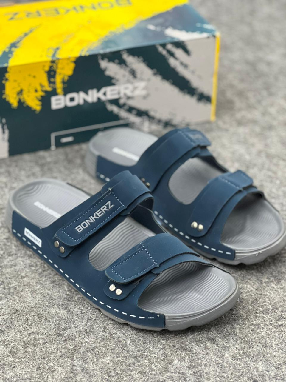 BONKERZ Men’s Dual-Strap Comfort Slides – Navy Blue & Grey