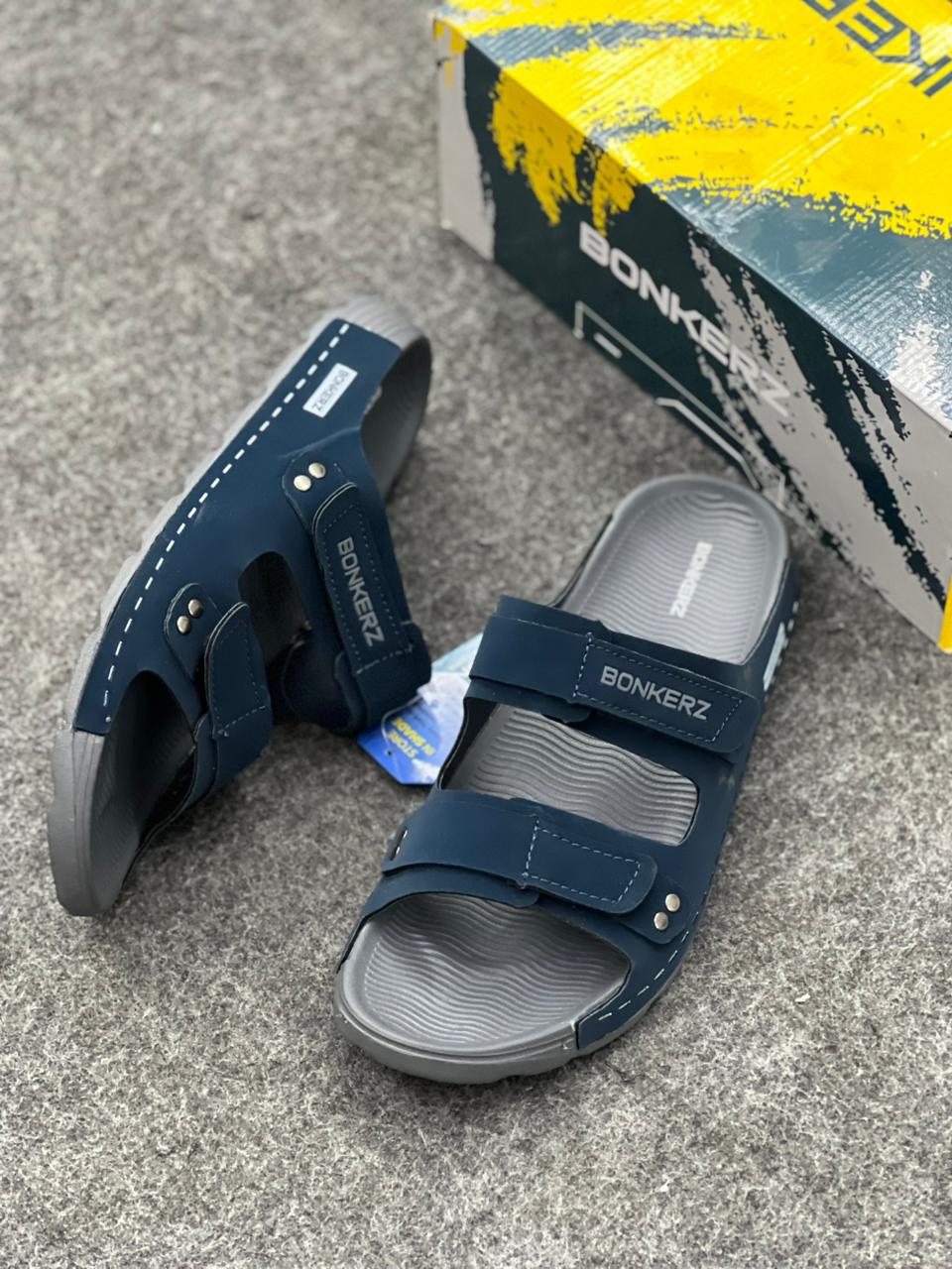 BONKERZ Men’s Dual-Strap Comfort Slides – Navy Blue & Grey