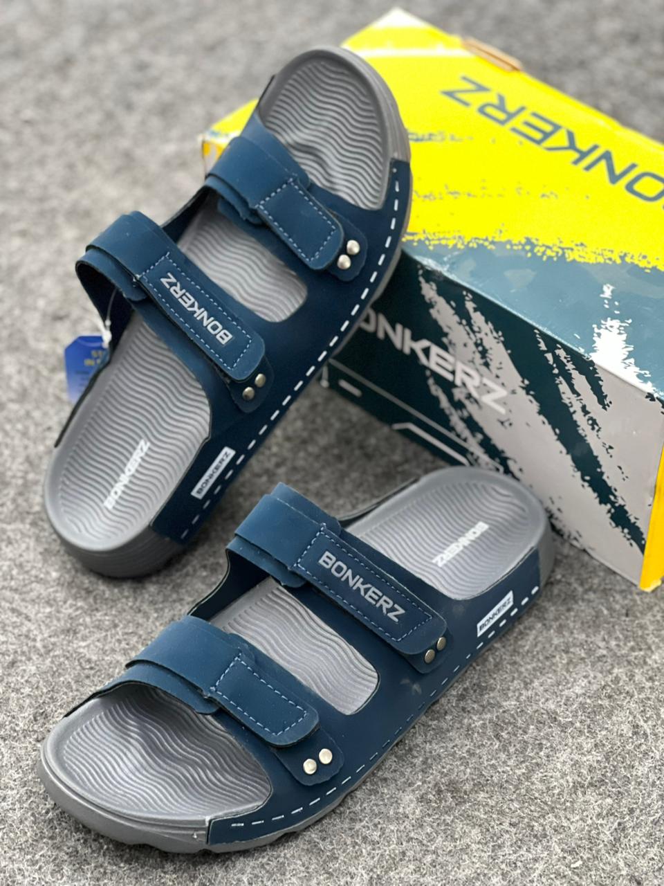 BONKERZ Men’s Dual-Strap Comfort Slides – Navy Blue & Grey