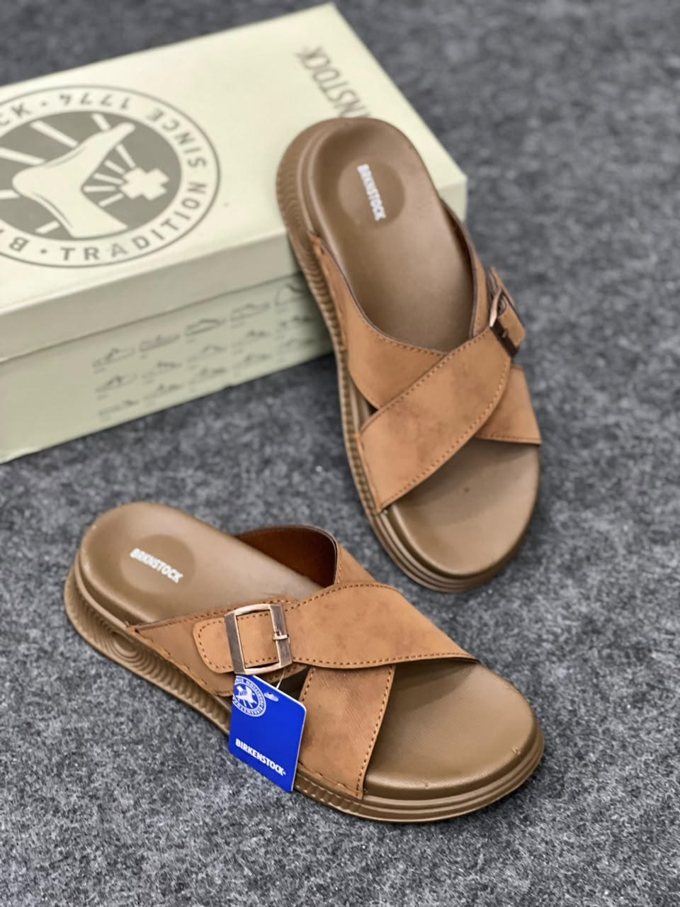 Men’s Premium Tan Brown Cross-Strap Buckle Sandals
