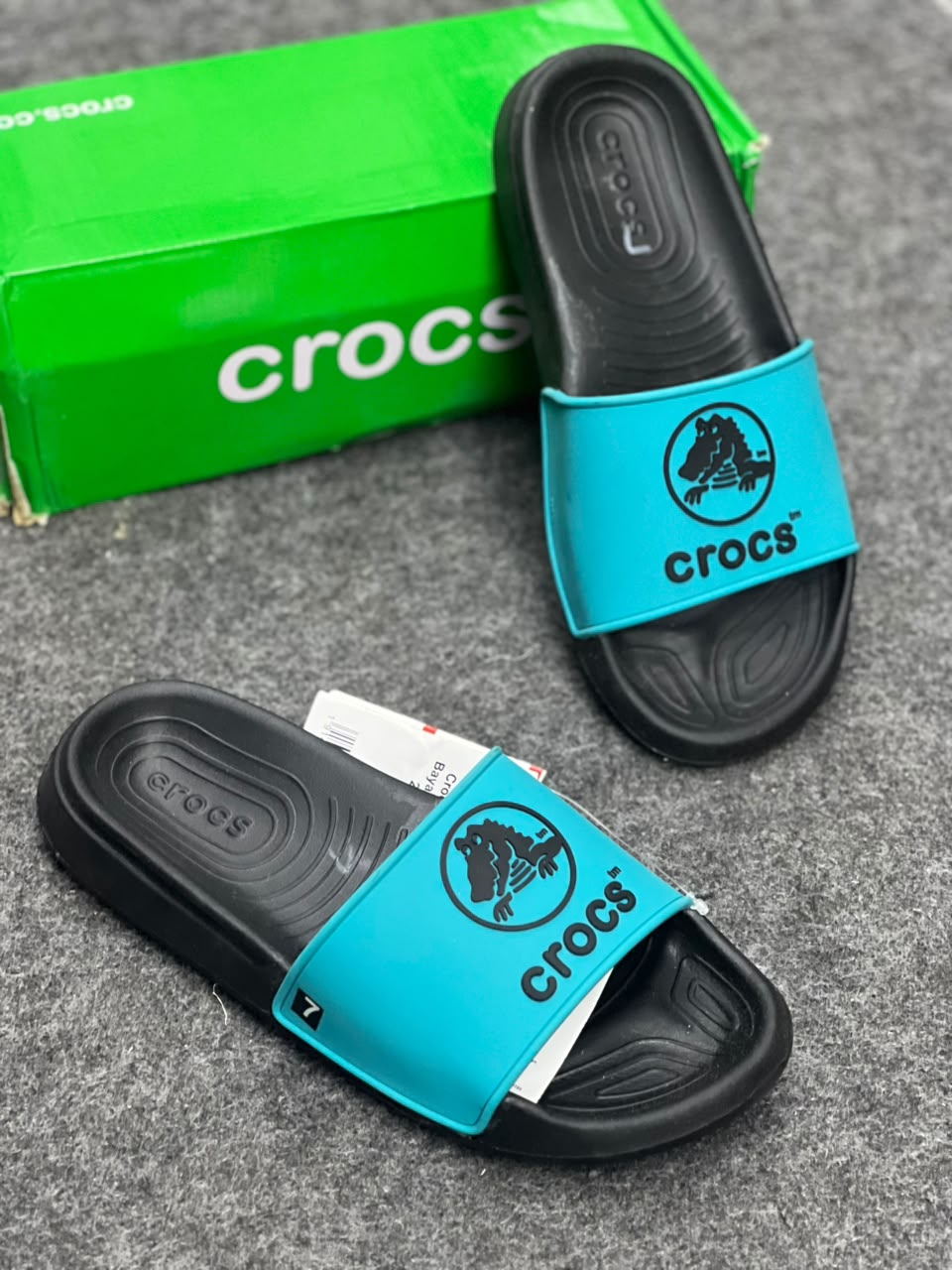 Crocs Comfort Slides – Black & Turquoise | Casual Everyday Sandals
