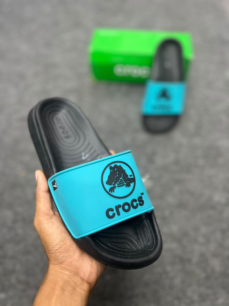 Crocs Comfort Slides – Black & Turquoise | Casual Everyday Sandals