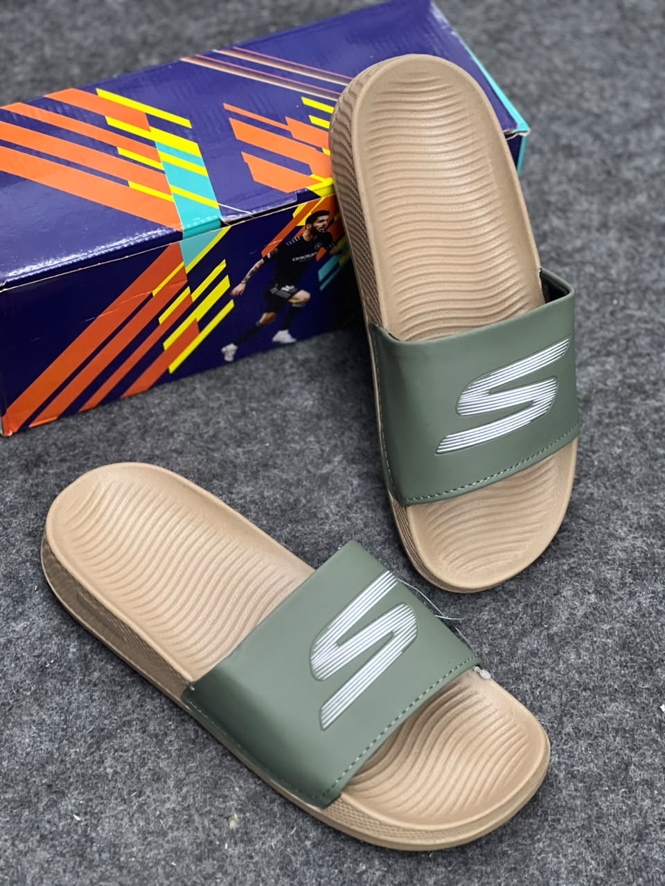 Premium Olive Green & Beige Slides – Stylish Everyday Comfort
